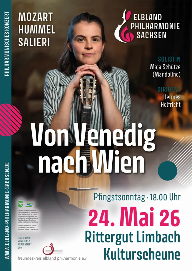 Plakat für Veranstaltungen Rittergut Limbach mit Musikerin und Mandoline am 24. Mai 2026
